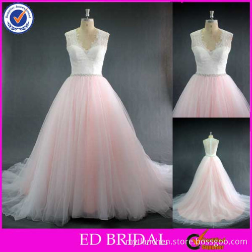 LN160 Beautiful see through lace bodice wholesale real sample ivory and pink wedding dress